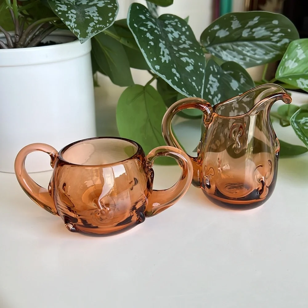 Blown Glass Sugar & Creamer Small Mini Vases Match Holders Vintage